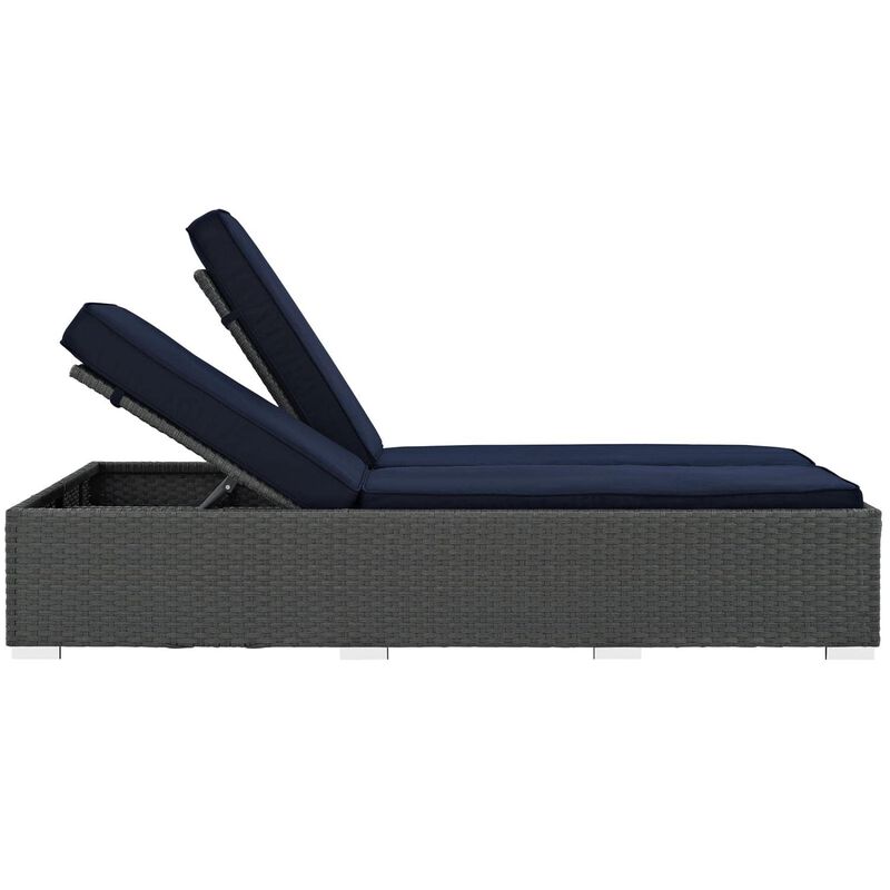 Modway Sojourn Wicker Rattan Outdoor Patio Sunbrella Fabric Double Chaise in Chocolate Navy