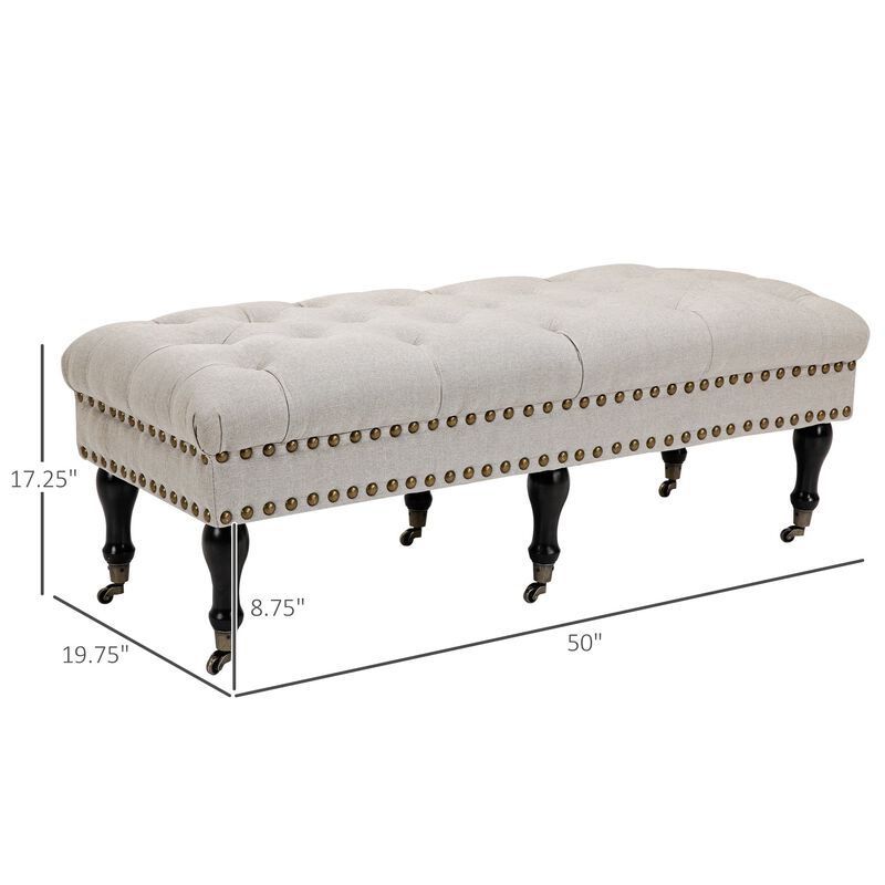 Beige Mobile Seating: Upholstered Rolling Bench with Nailhead Trim