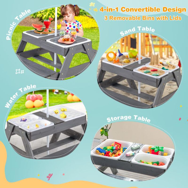 Hivvago Kids Picnic Table Set with 3 Removable Bins-Gray