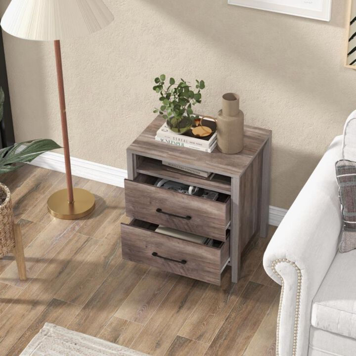 Hivvago Nightstand with 2 Drawers Farmhouse Bed Side Table with Open Storage Shelf