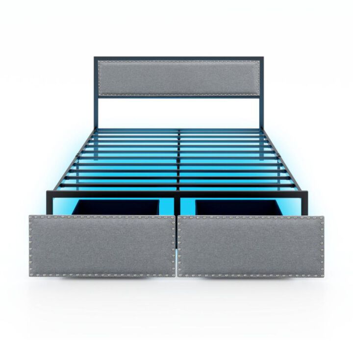 Hivvago Bed Frame with LED Lights Drawer and Metal Slats
