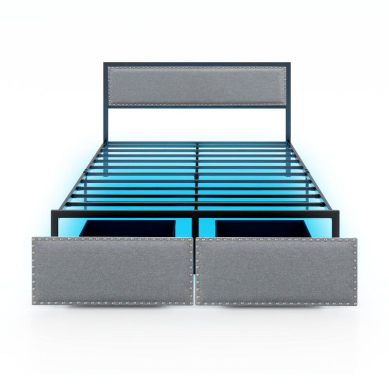 Hivvago Bed Frame with LED Lights Drawer and Metal Slats