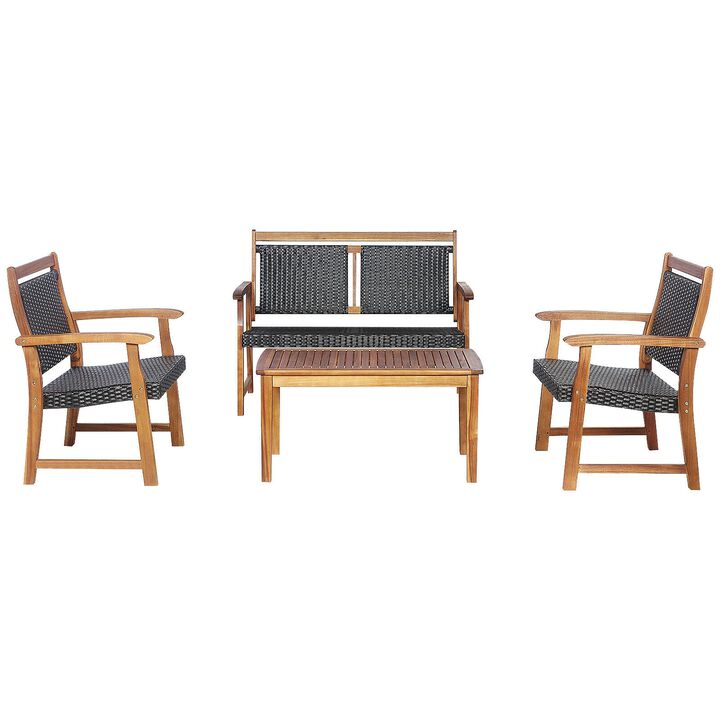 4 Pieces Outdoor Patio Rattan Furniture Conversation Sets  with Acacia Wood Frame