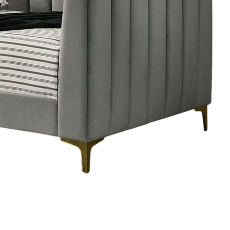 Iina Twin Daybed with Tuxedo Details, Gray Channel Tufted Flannelette - Benzara