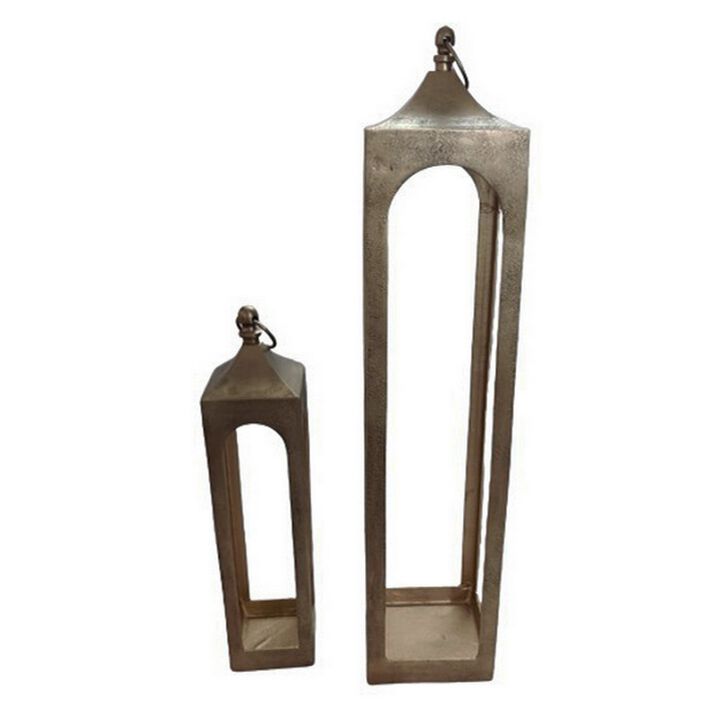 Akira Tabletop Candle Holder Lantern Set of 2, Gold Metal, Top Hook - Benzara