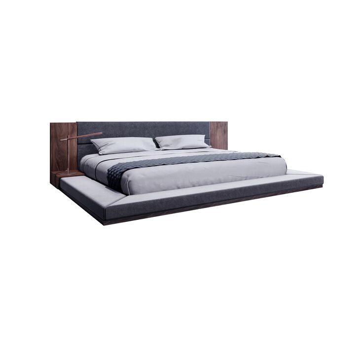 Noe Ruby California King Bed, Shelves, Low Profile, Gray Upholstery Brown - Benzara