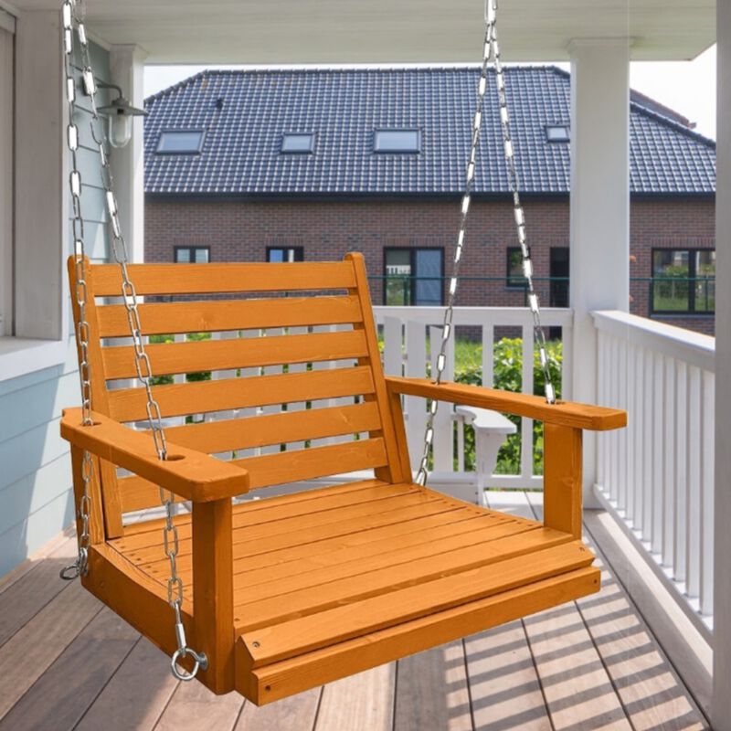 Solid Wood Porch Single Swing, Ergonomic Seat, Bench Swing with Hanging Chains and 7mm Springs, Heavy Duty 600 LBS, for Outdoor Patio Garden Yard ( 1-Seater)