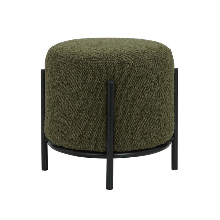 Aop 13 Inch Boucle Ottoman Stool, Round Cushioned Seat, Green Boucle, Black - Benzara