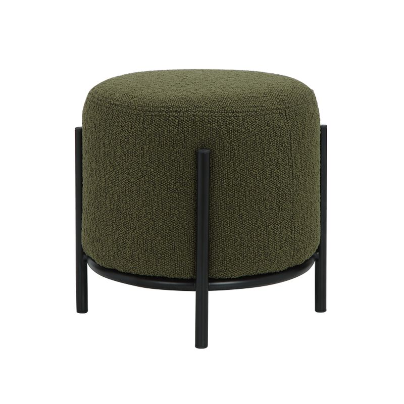 Aop 13 Inch Boucle Ottoman Stool, Round Cushioned Seat, Green Boucle, Black - Benzara