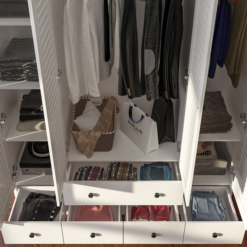 70 in. H x 19 in. D White Wood 59 in. W 4 Shutter Doors Big Armoires Wardwore with 6-Drawers, Hanging Rod