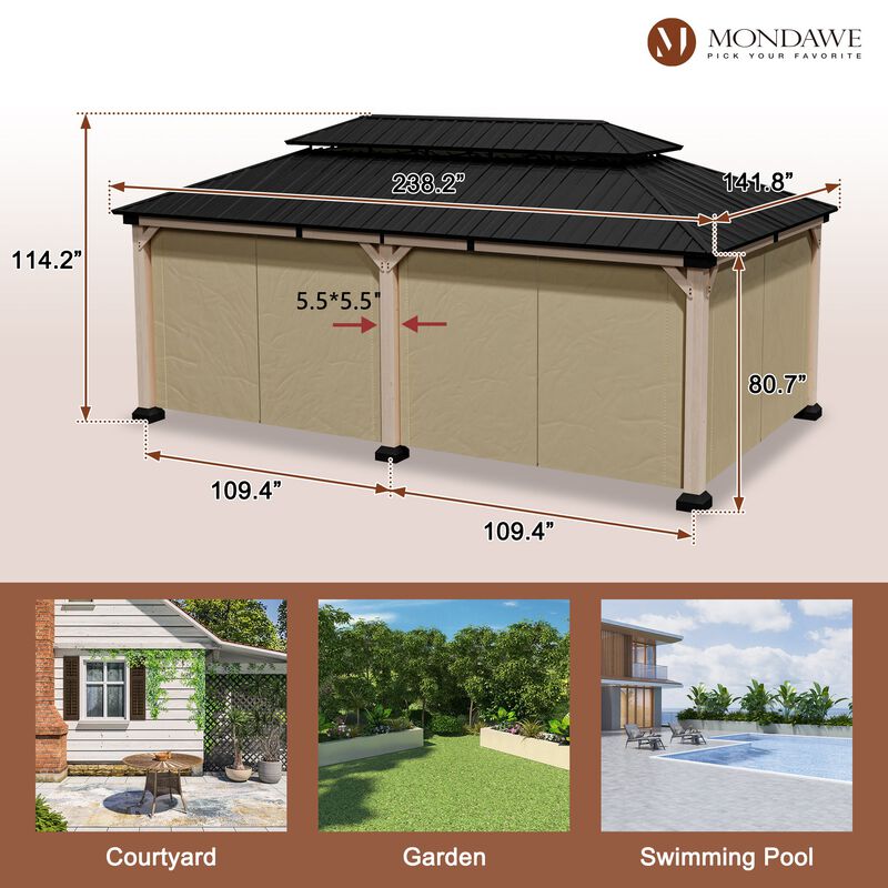 Mondawe Beverly Hills 12 ft. x 20 ft. Outdoor Fir Solid Wood Frame Patio Gazebo Canopy Shelter Galvanized Steel Hardtop Curtain