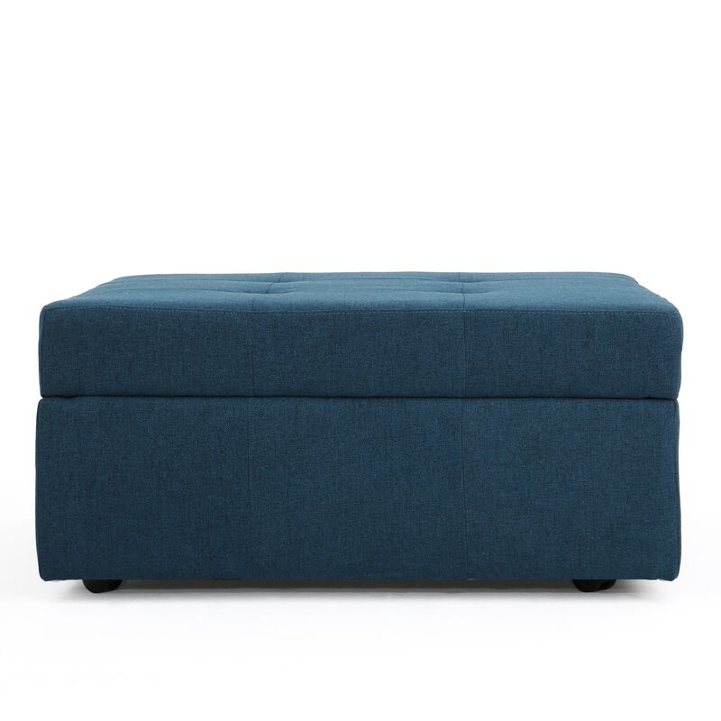 Low Accent Ottoman with Storage, 31 Inch Square, Tufted Navy Blue - Benzara