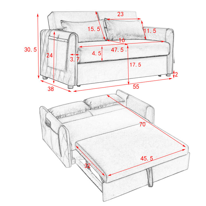 55" Modern Convertible Sofa Bed With 2 Detachable Arm Pockets, Velvet Loveseat Sofa With Pull Out