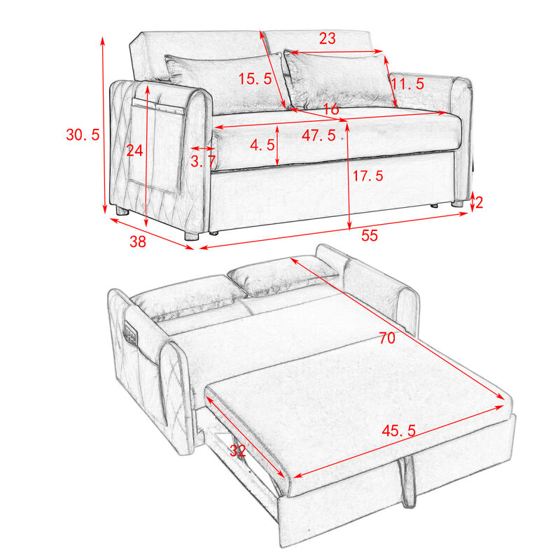 55" Modern Convertible Sofa Bed With 2 Detachable Arm Pockets, Velvet Loveseat Sofa With Pull Out