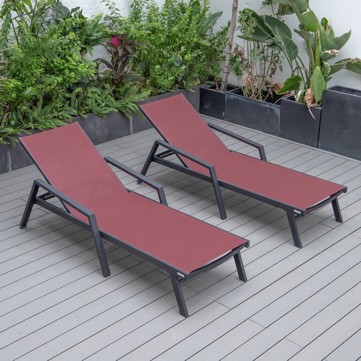 LeisureMod Marlin Patio Chaise Lounge Chairs with Armrests – Set of 2, Black Aluminum Frame & Dark Grey Cushion for Outdoor Relaxation
