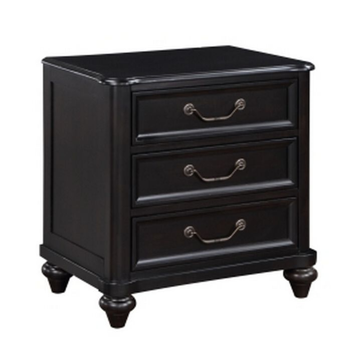 Vix 27 Inch Nightstand, 3 Drawers, Molded Design Pewter Drop Handles, Black - Benzara