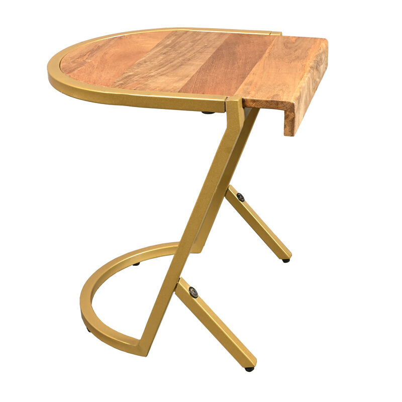 17 Inch Side End C Table, Natural Mango Wood Top with Drop Edge, Iron Gold Angled Frame - Benzara