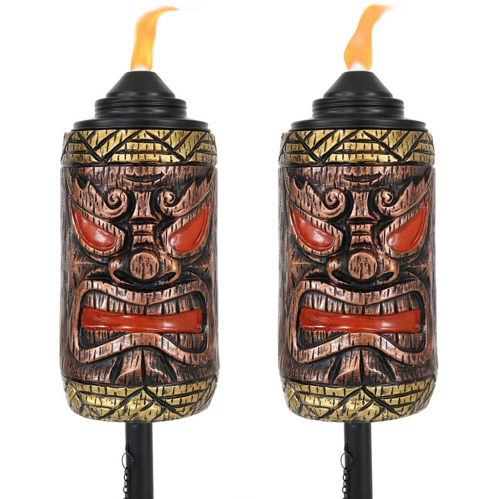 Sunnydaze Resin/Metal 3-in-1 Tiki Face Outdoor Lawn Torch - Set of 2