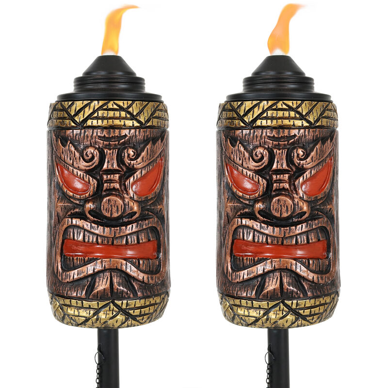 Sunnydaze Resin/Metal 3-in-1 Tiki Face Outdoor Lawn Torch - Set of 2