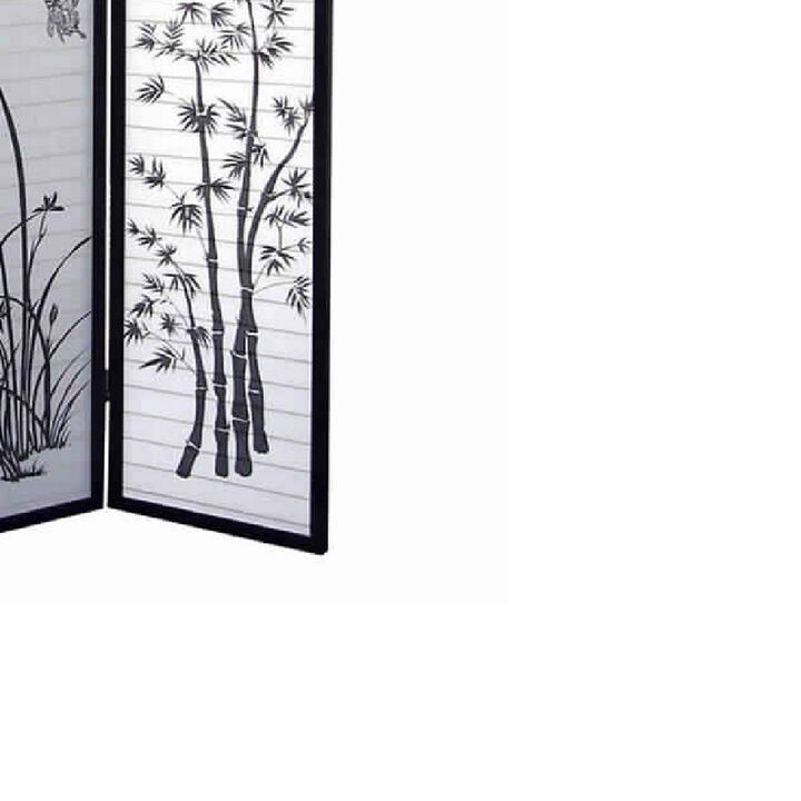 Naturistic Print Wood and Paper 3 Panel Room Divider, White and Black-Benzara