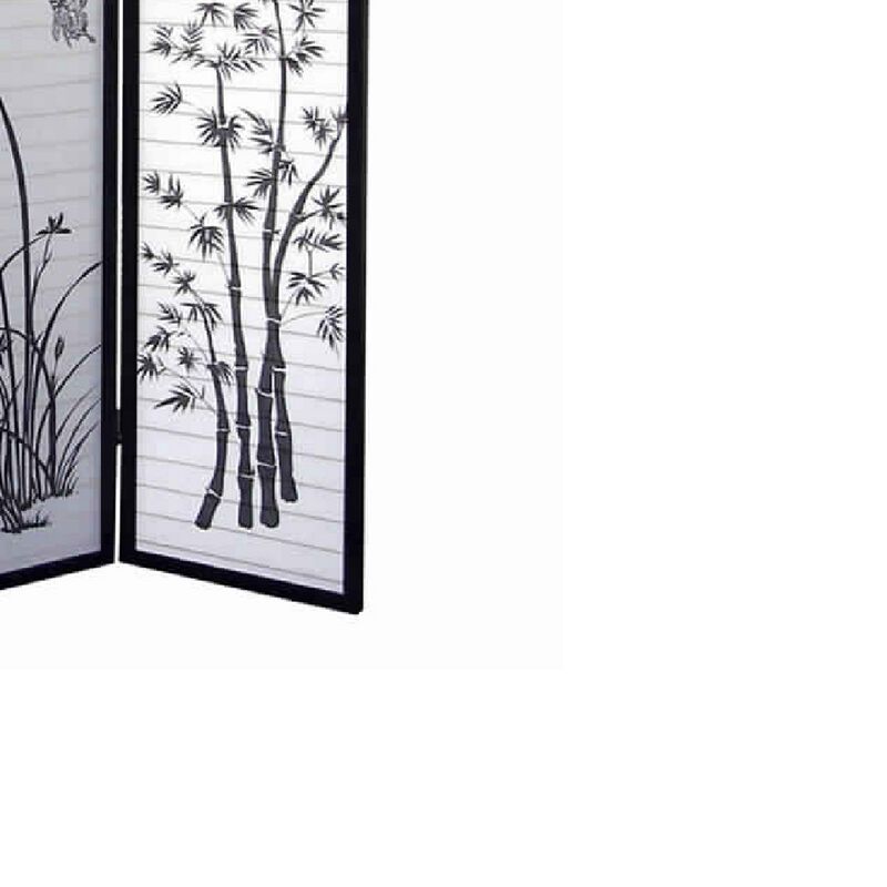 Naturistic Print Wood and Paper 3 Panel Room Divider, White and Black-Benzara