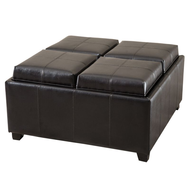 Storage Ottoman, Tufted Chocolate Brown Faux Leather, 35 Inch Square - Benzara