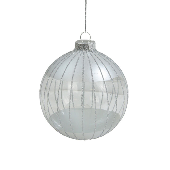 4" Clear and Silver Glitter Striped Glass Christmas Ball Ornament