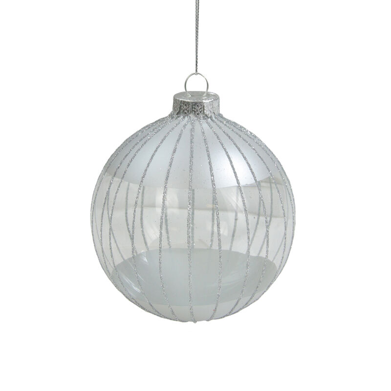 4" Clear and Silver Glitter Striped Glass Christmas Ball Ornament