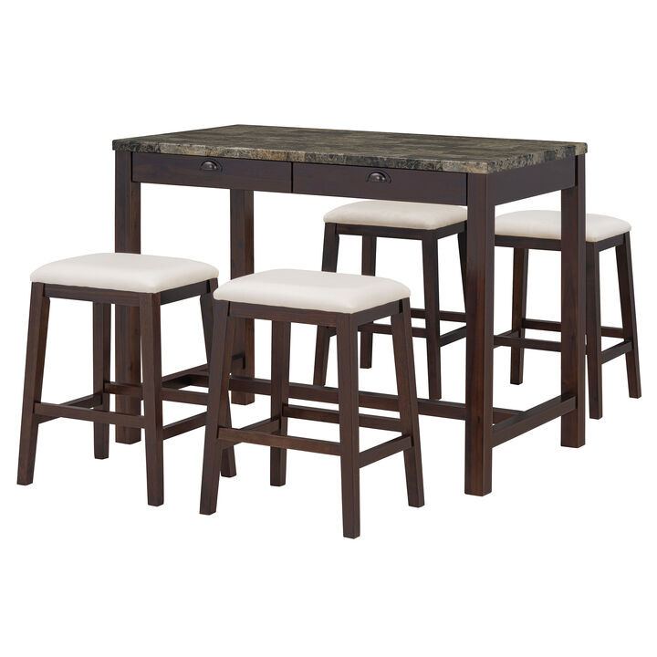 Merax 5-Piece Modern Faux Marble  Bar Table Dining Set