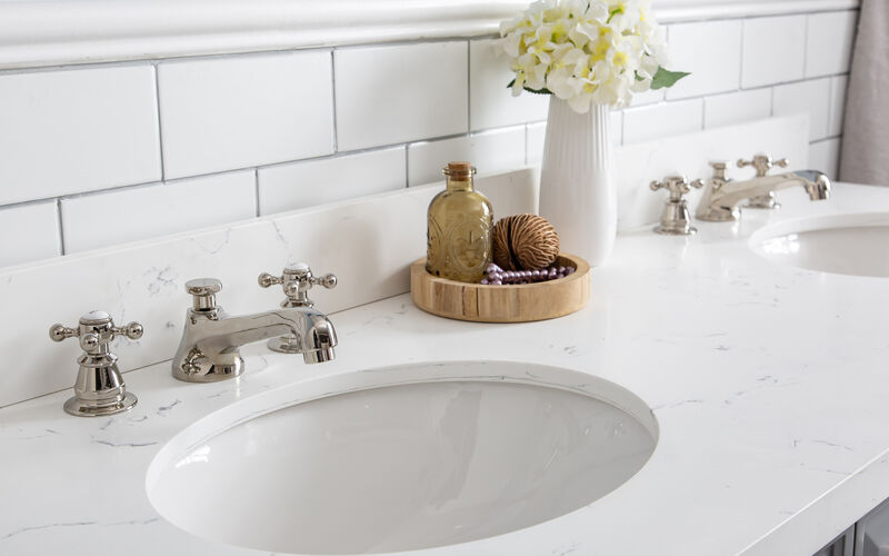Palace 60 In. Double Sink Carrara Quartz Countertop Bath Vanity in Cashmere Grey with Polished Nickel (PVD) Hardware, Classic Faucets and Rectangular Pivot Mirrors