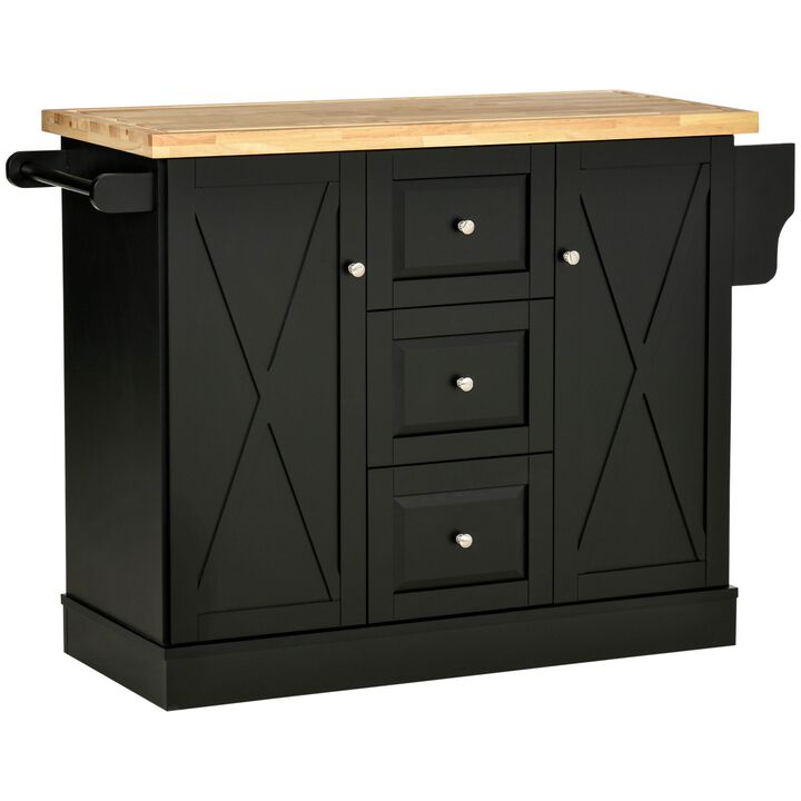 Black Farmhouse Kitchen Aid: Mobile Island with Barn Doors & Drawers