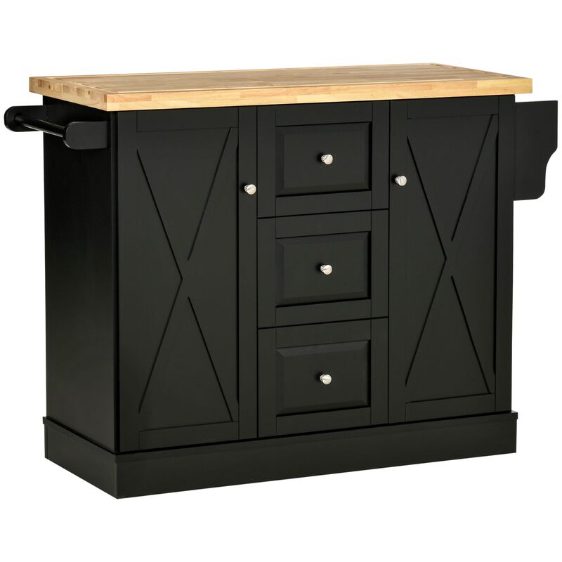 Black Farmhouse Kitchen Aid: Mobile Island with Barn Doors & Drawers