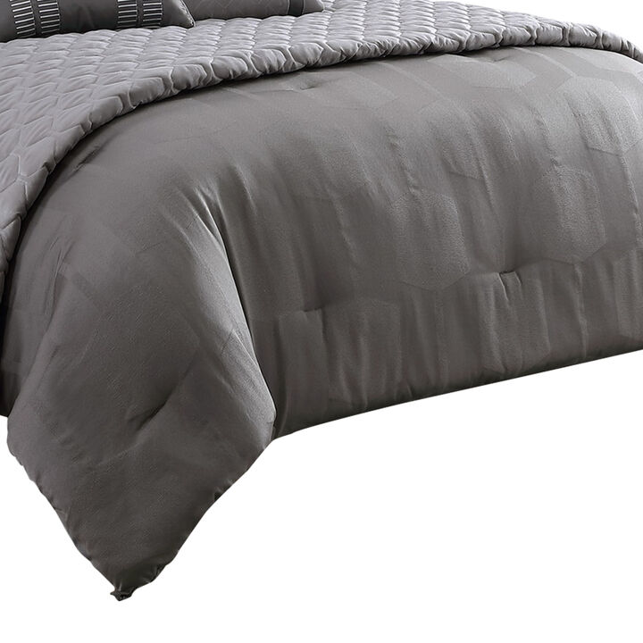 10 Piece Queen Polyester Comforter Set with Geometric Print, Gray-Benzara