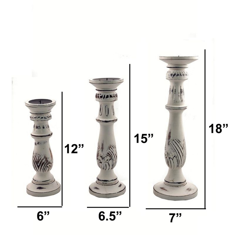 Benzara Distressed Mango Wood Pillar Shaped Candle holder, Set of 3, White-Benzara