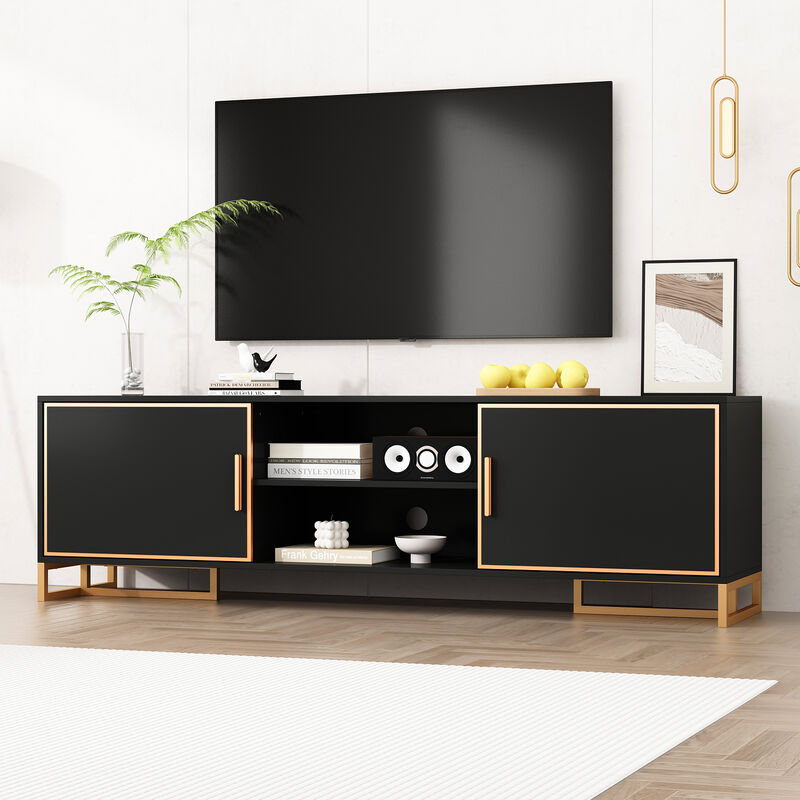 FUFU&GAGA Modern Black TV Stand with Gold Trim, Metal Handles & Base – Entertainment Center for TVs up to 75" (70.9"W x 15.7"D x 20.9"H), Black