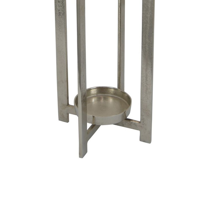 Siana Lantern Candle Holder, 27 Inch Tall, Silver Finished Metal Frame - Benzara