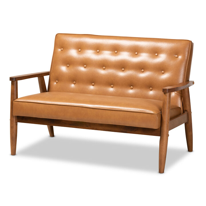 Baxton Studio Sorrento Mid Century Tan Faux Leather Upholstered Wood Loveseat