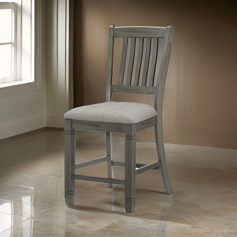 26 Inch Counter Height Chair Set of 2, Slat Back, Gray Wood, Fabric Seat - Benzara