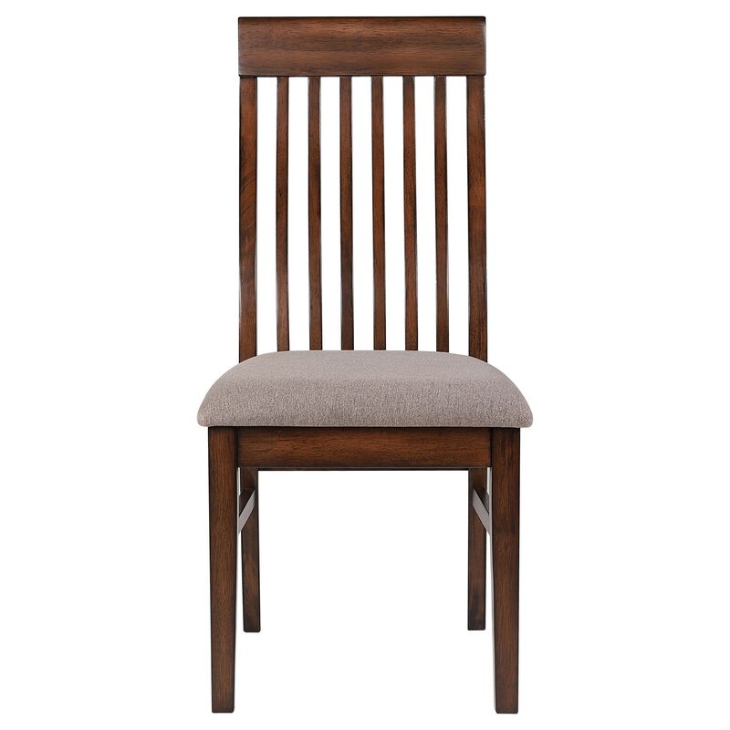 Brar Dining Chair Set of 2, Light Brown Fabric, Slat Back, Brown Hardwood - Benzara