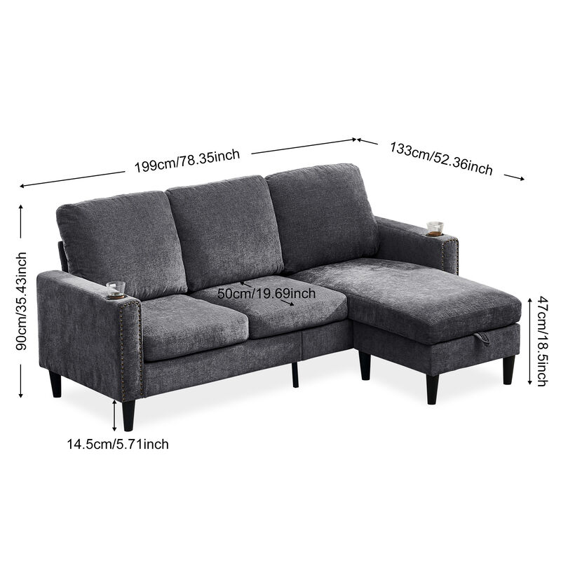 Merax Modern Design Chenille 3 Seat L-Shape Sectional Sofa with Storage Chaise