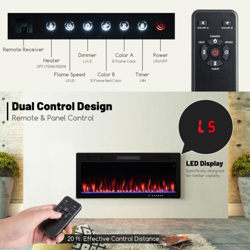 Hivvago 40 Inch Electric Fireplace, Recessed and Wall Mounted Design