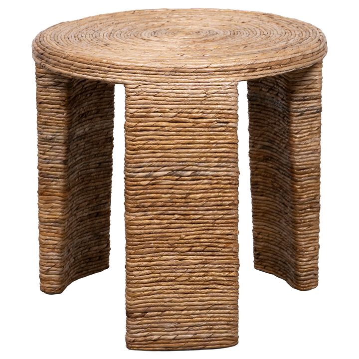 Asha 22 Inch Side End Table, Round Shaped Top with Natural Rattan Wrapping - Benzara