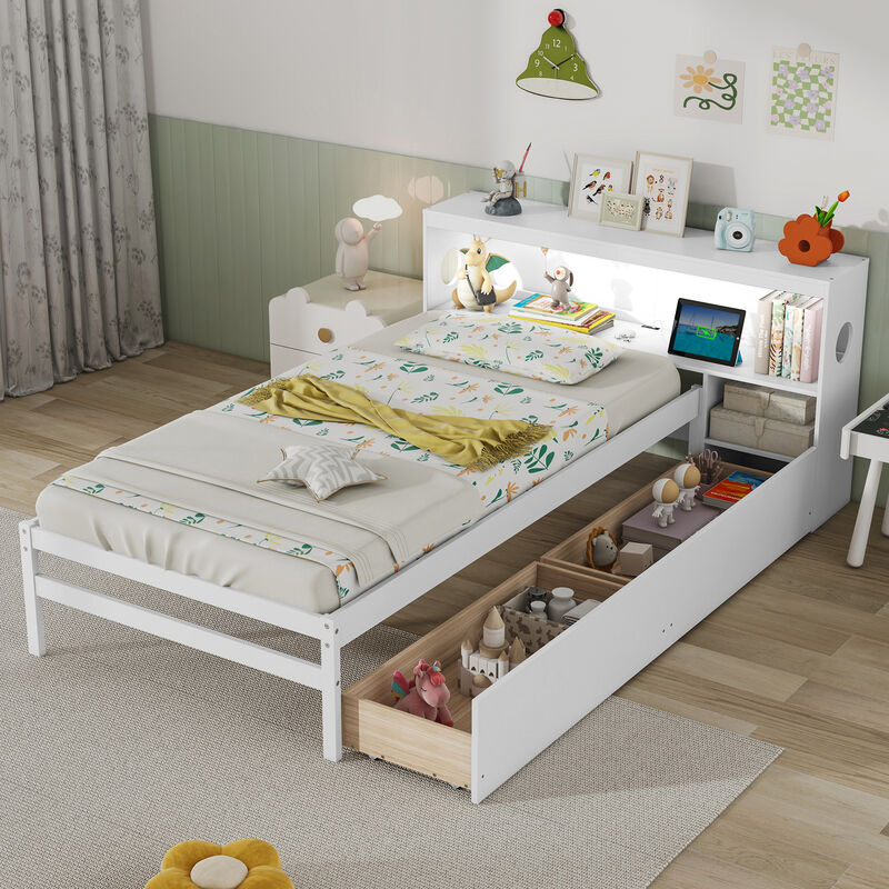 Bed Frame with LED Light and Bookcase Headboard