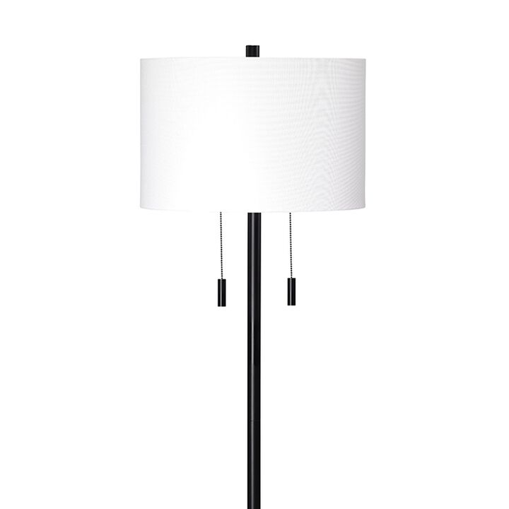 Floor Lamp with Drum Shade and Pull Chain, White and Black-Benzara
