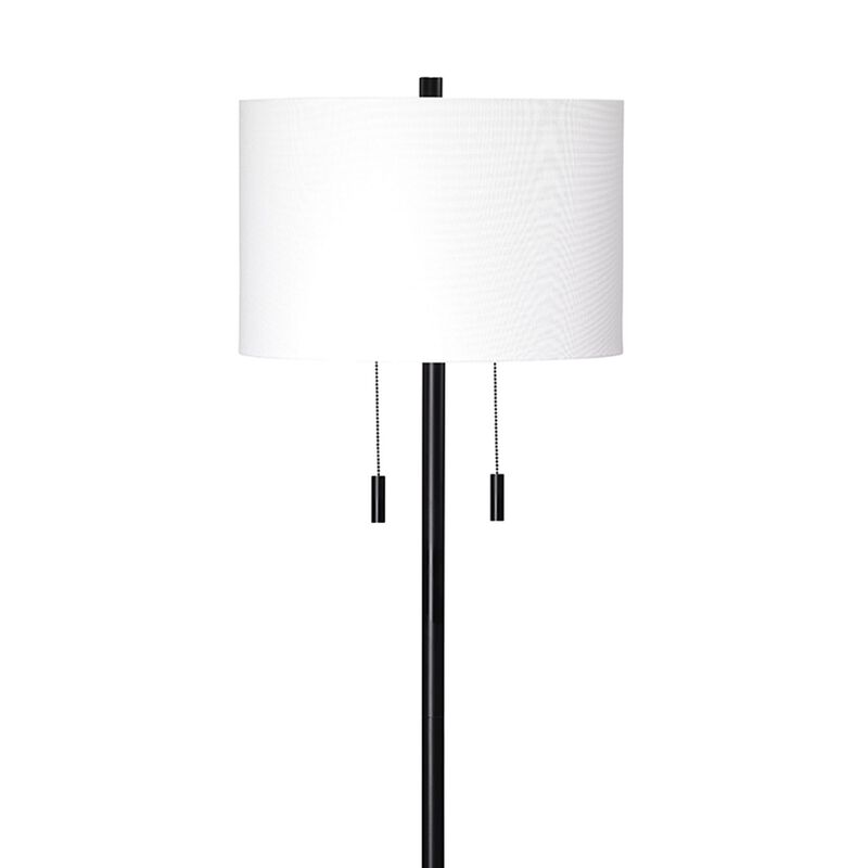 Floor Lamp with Drum Shade and Pull Chain, White and Black-Benzara