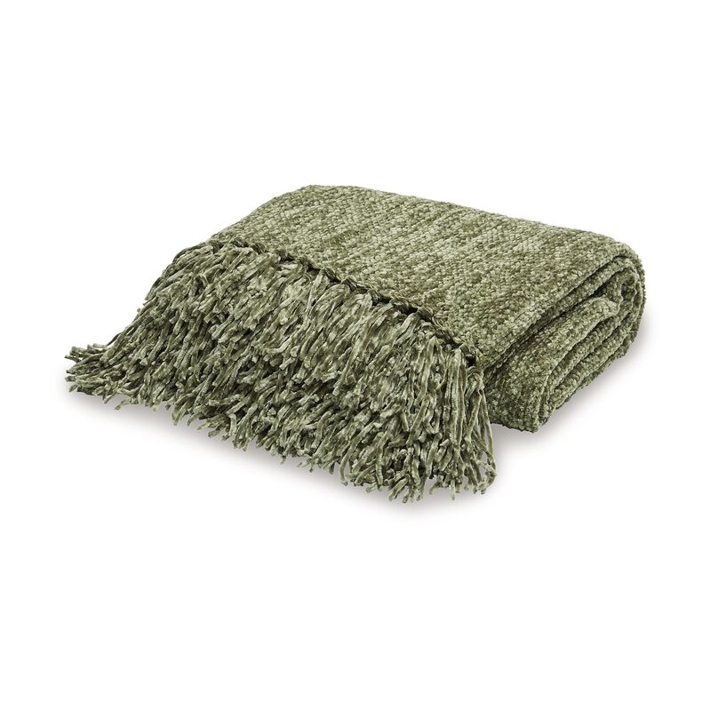 Emily Throw Blanket Set of 3, Textured Woven Knotted Fringe Green Polyester - Benzara