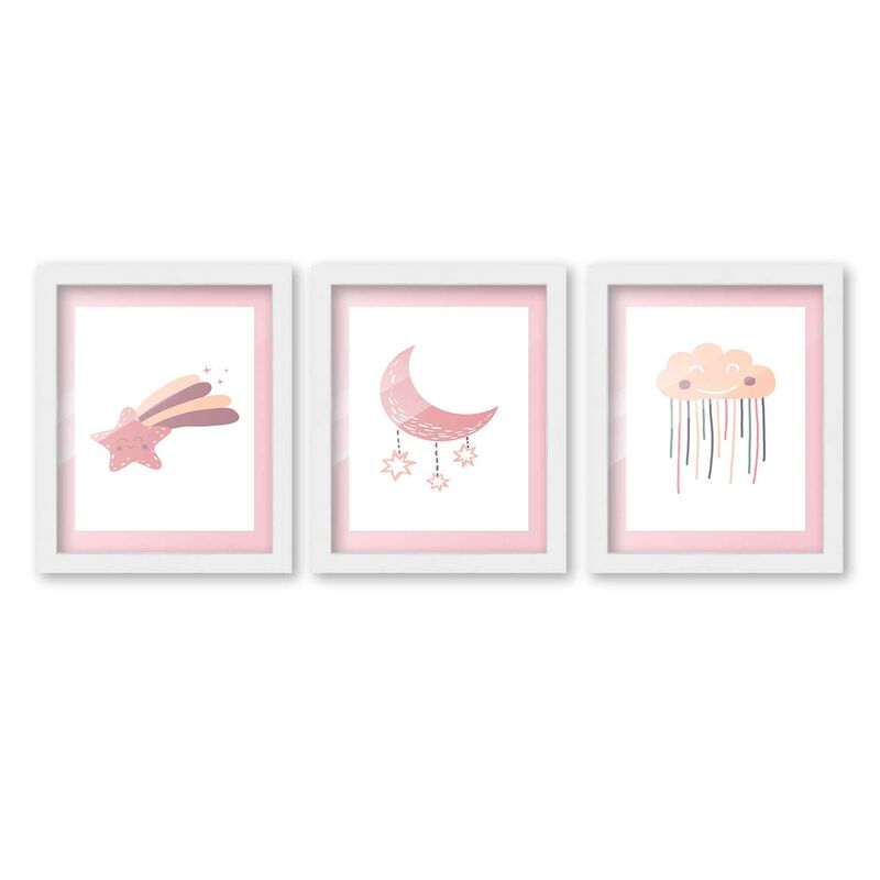 8x10 Framed Nursery Wall Art Set of 3 Boho Galaxy Prints in Pink with Soft Pink Mat in a 10x12 White Wood Frames