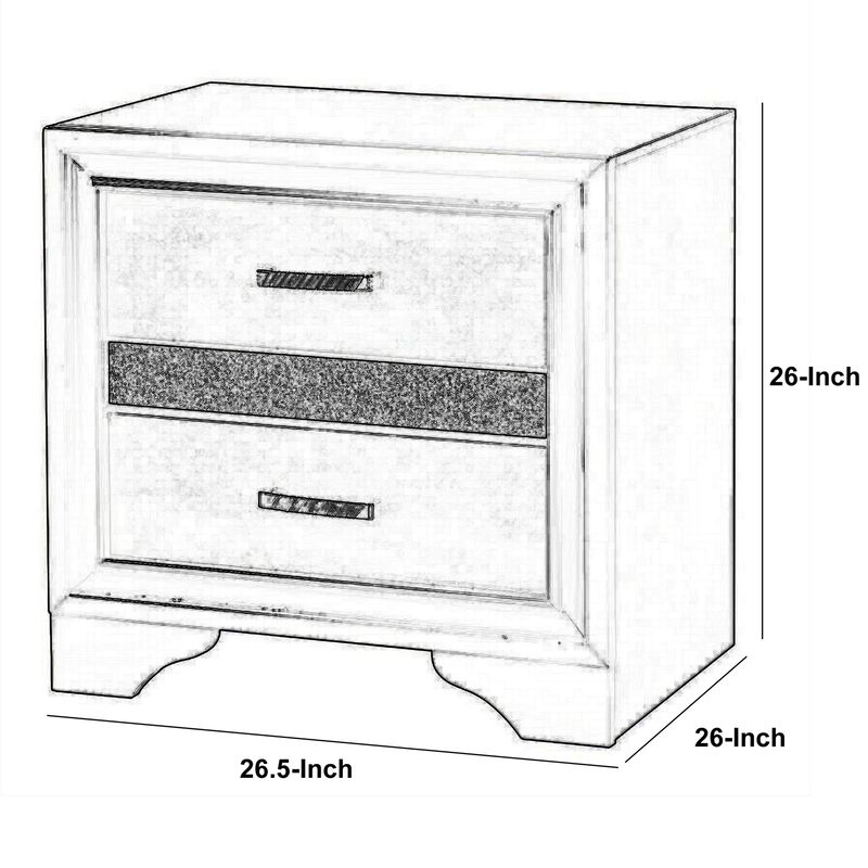 Nightstand with 2 Drawers and Rhinestone Pull Handles, Black and Silver-Benzara