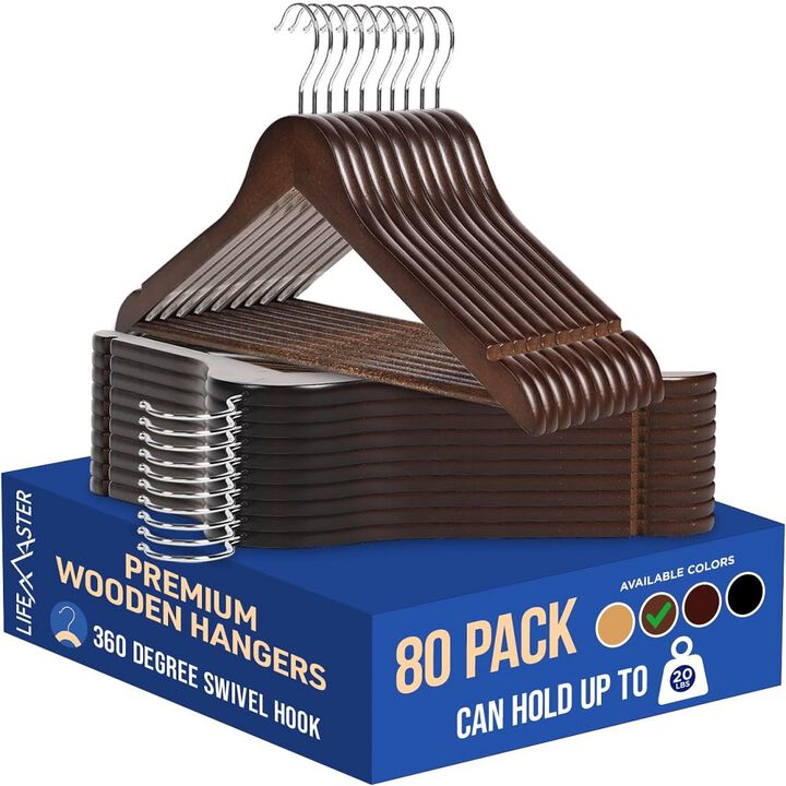 Wooden Hanger Set - 80 Pieces Non-Slip Versatile Closet Space-Saving Hanger Set for Suit, Coat, Camisole, Jacket, Pants, and Dresses with 360° Swivel Hook - Vintage