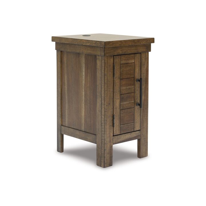 Chip Chairside End Table, Cabinet, 2 USB Ports, 17 Inch Brown Wood - Benzara
